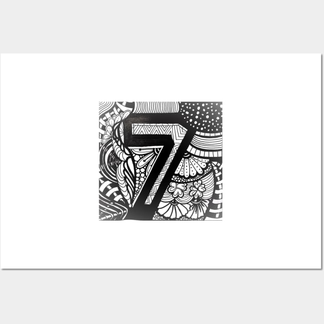 Lucky Number 7 seven black and white illustration Wall Art by Nathalodi